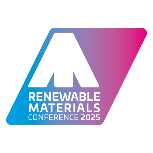 Renewable Materials Conference logo from 2025. Logo on polygon that has a blue and pink gradient colour