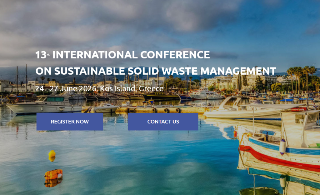 The image is decorating the article while also providing information about the event. The image is marina on Kos Island, Greece, with small boats docked on calm blue water and palm trees and buildings along the shore. Overlaid text is the title, location, date and with buttons to the registration and contact page. Overlaid text reads “13th International Conference on Sustainable Solid Waste Management” and “24–27 June 2026, Kos Island, Greece,” with two buttons labeled “Register now” and “Contact us.”